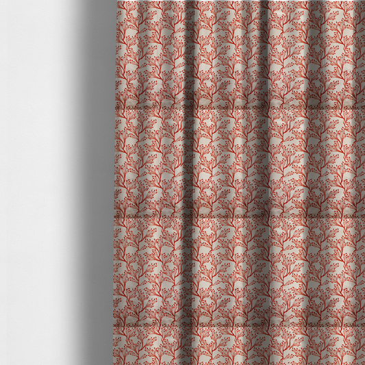 The fabric used to create these made-to-measure curtains is a cream and red fabric featuring an intricate organic branch or sea coral pattern with delicate twig motifs repeating across the surface.   