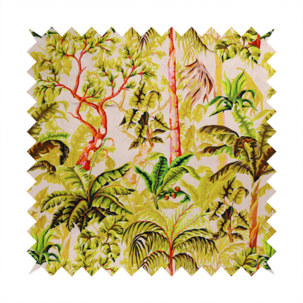 Lush tropical jungle fabric featuring a vibrant botanical pattern with palm trees, banana leaves, and exotic foliage in shades of green, yellow, and red.   