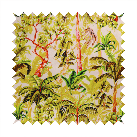 Lush tropical jungle fabric featuring a vibrant botanical pattern with palm trees, banana leaves, and exotic foliage in shades of green, yellow, and red.   