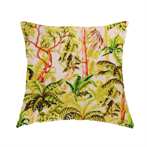 The fabric used to create this handmade cushion is a lush tropical jungle fabric featuring a vibrant botanical pattern with palm trees, banana leaves, and exotic foliage in shades of green, yellow, and red.   