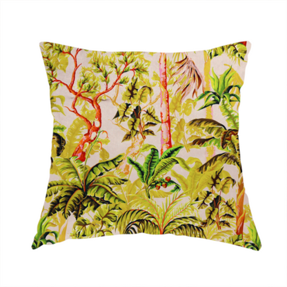 The fabric used to create this handmade cushion is a lush tropical jungle fabric featuring a vibrant botanical pattern with palm trees, banana leaves, and exotic foliage in shades of green, yellow, and red.   