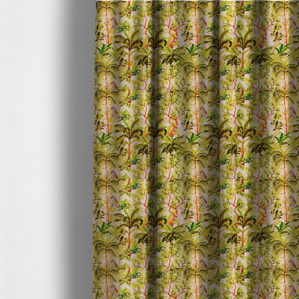 The fabric used to create these made-to-measure curtains is a lush tropical jungle fabric featuring a vibrant botanical pattern with palm trees, banana leaves, and exotic foliage in shades of green, yellow, and red.   