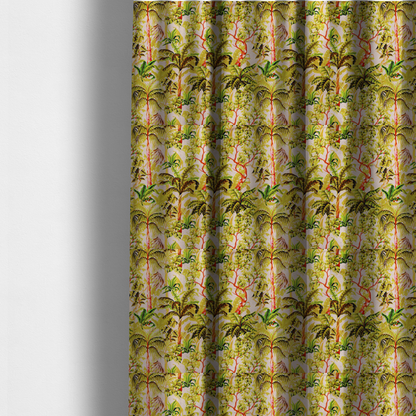 The fabric used to create these made-to-measure curtains is a lush tropical jungle fabric featuring a vibrant botanical pattern with palm trees, banana leaves, and exotic foliage in shades of green, yellow, and red.   