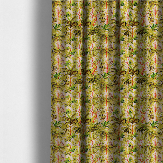 The fabric used to create these made-to-measure curtains is a lush tropical jungle fabric featuring a vibrant botanical pattern with palm trees, banana leaves, and exotic foliage in shades of green, yellow, and red.   