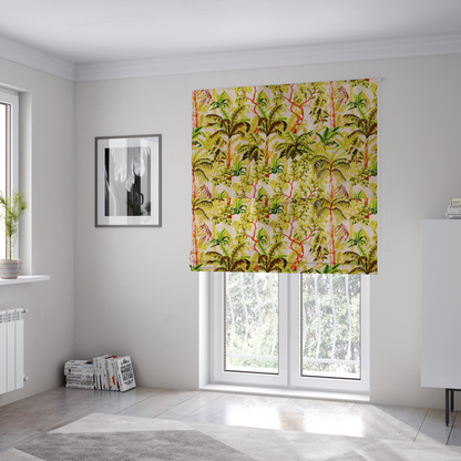 The fabric used to create these Roman blinds is a lush tropical jungle fabric featuring a vibrant botanical pattern with palm trees, banana leaves, and exotic foliage in shades of green, yellow, and red.  