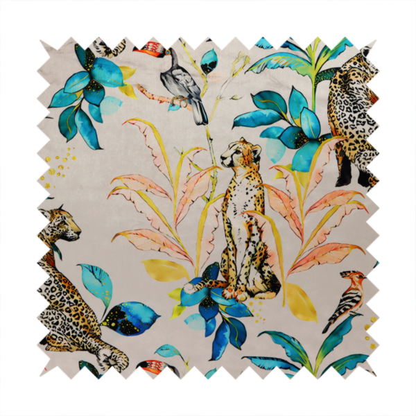 Exotic cream, blue, and orange fabric featuring a tropical jungle pattern with leopards, cheetahs, toucans, exotic birds, and lush foliage.   