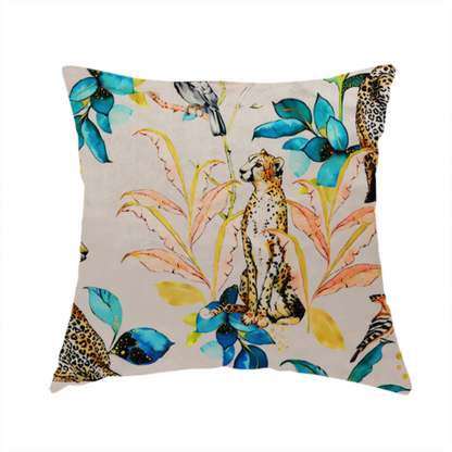 The fabric used to create this handmade cushion is an exotic cream, blue, and orange fabric featuring a tropical jungle pattern with leopards, cheetahs, toucans, exotic birds, and lush foliage.   