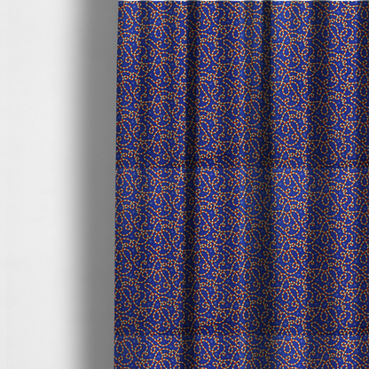 The fabric used to create these made-to-measure curtains is a blue and red fabric featuring an intricate festive pattern with continuous wiggly candy cane lines and tiny white snowflakes scattered across the deep blue background.   