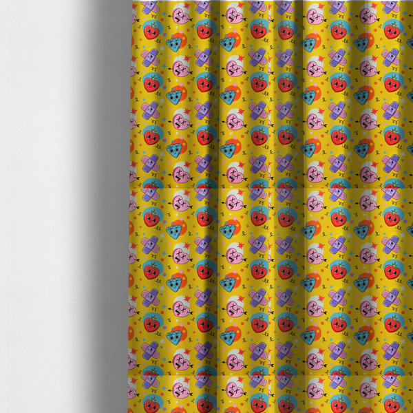 The fabric used to create these made-to-measure curtains is a yellow fabric featuring a playful, quirky pattern with cartoon-style graphics including smiling hearts with crowns, cute diamonds, cartoon bandages, and wacky faces with X eyes on a bright yellow background.   