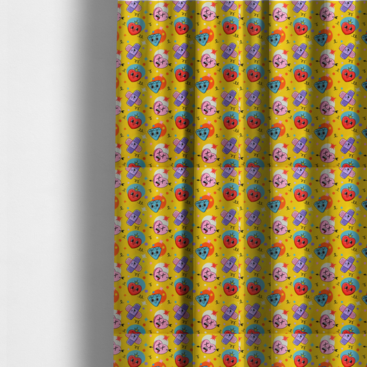 The fabric used to create these made-to-measure curtains is a yellow fabric featuring a playful, quirky pattern with cartoon-style graphics including smiling hearts with crowns, cute diamonds, cartoon bandages, and wacky faces with X eyes on a bright yellow background.   