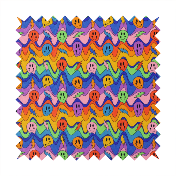 Multicolour fabric featuring a psychedelic groove pattern with wavy horizontal stripes in shades of blue, purple, green, yellow, and orange, interspersed with smiling smiley faces and lightning bolts.
