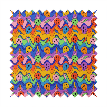Multicolour fabric featuring a psychedelic groove pattern with wavy horizontal stripes in shades of blue, purple, green, yellow, and orange, interspersed with smiling smiley faces and lightning bolts.