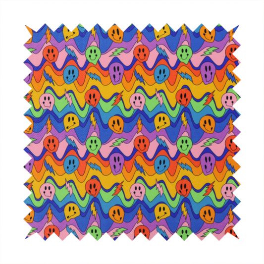 Multicolour fabric featuring a psychedelic groove pattern with wavy horizontal stripes in shades of blue, purple, green, yellow, and orange, interspersed with smiling smiley faces and lightning bolts.
