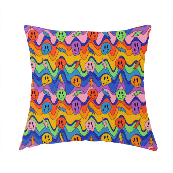 The fabric used to create this handmade cushion is a multicolour fabric featuring a psychedelic groove pattern with wavy horizontal stripes in shades of blue, purple, green, yellow, and orange, interspersed with smiling smiley faces and lightning bolts.