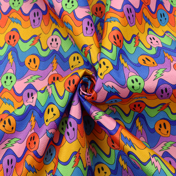 Multicolour fabric featuring a psychedelic groove pattern with wavy horizontal stripes in shades of blue, purple, green, yellow, and orange, interspersed with smiling smiley faces and lightning bolts.