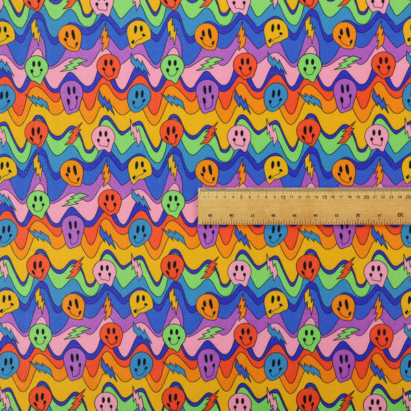 Multicolour fabric featuring a psychedelic groove pattern with wavy horizontal stripes in shades of blue, purple, green, yellow, and orange, interspersed with smiling smiley faces and lightning bolts.