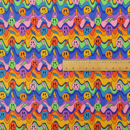 Multicolour fabric featuring a psychedelic groove pattern with wavy horizontal stripes in shades of blue, purple, green, yellow, and orange, interspersed with smiling smiley faces and lightning bolts.