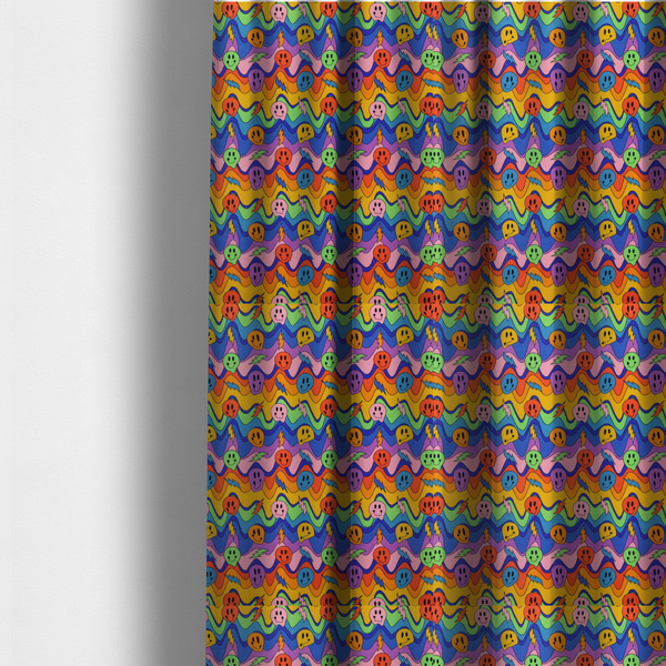 The fabric used to create these made-to-measure curtains is a multicolour fabric featuring a psychedelic groove pattern with wavy horizontal stripes in shades of blue, purple, green, yellow, and orange, interspersed with smiling smiley faces and lightning bolts.