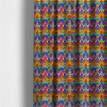 The fabric used to create these made-to-measure curtains is a multicolour fabric featuring a psychedelic groove pattern with wavy horizontal stripes in shades of blue, purple, green, yellow, and orange, interspersed with smiling smiley faces and lightning bolts.