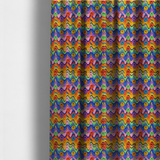 The fabric used to create these made-to-measure curtains is a multicolour fabric featuring a psychedelic groove pattern with wavy horizontal stripes in shades of blue, purple, green, yellow, and orange, interspersed with smiling smiley faces and lightning bolts.