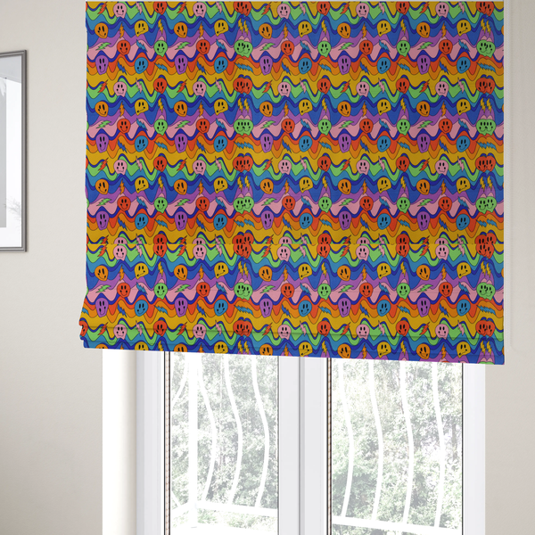 The fabric used to create these Roman blinds is a multicolour fabric featuring a psychedelic groove pattern with wavy horizontal stripes in shades of blue, purple, green, yellow, and orange, interspersed with smiling smiley faces and lightning bolts.