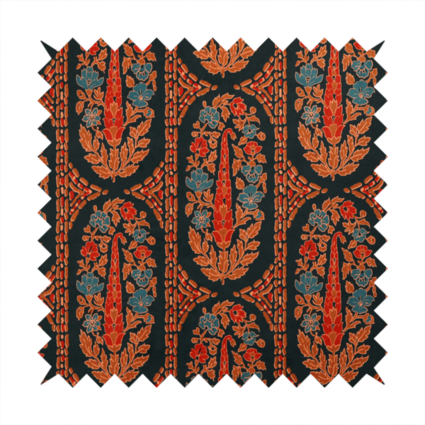 Ornate botanical paisley pattern with large vertical oval medallions filled with red floral motifs, orange leaves, and blue flowers, separated by decorative dashed stripes.