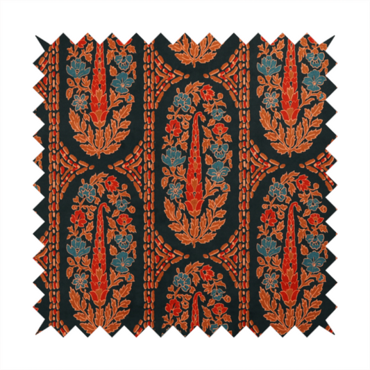 Ornate botanical paisley pattern with large vertical oval medallions filled with red floral motifs, orange leaves, and blue flowers, separated by decorative dashed stripes.