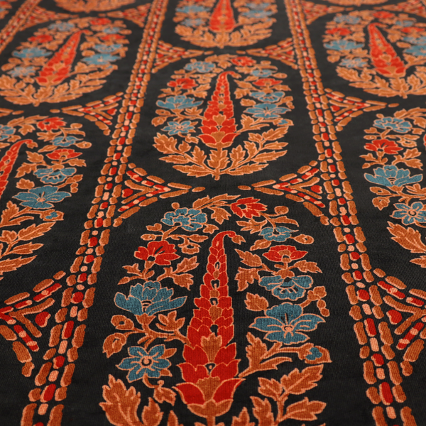 Ornate botanical paisley pattern with large vertical oval medallions filled with red floral motifs, orange leaves, and blue flowers, separated by decorative dashed stripes.