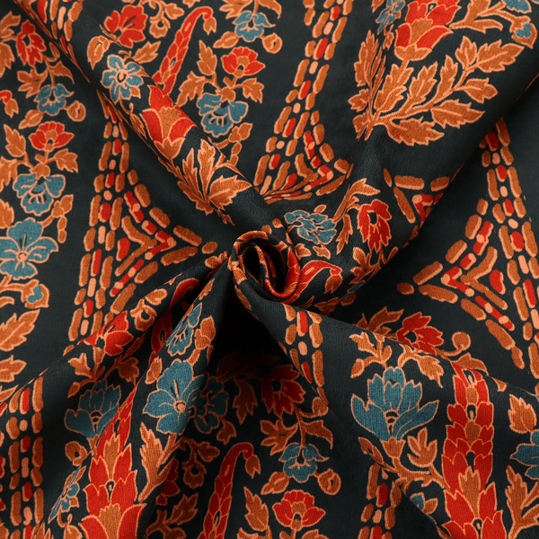 Ornate botanical paisley pattern with large vertical oval medallions filled with red floral motifs, orange leaves, and blue flowers, separated by decorative dashed stripes.