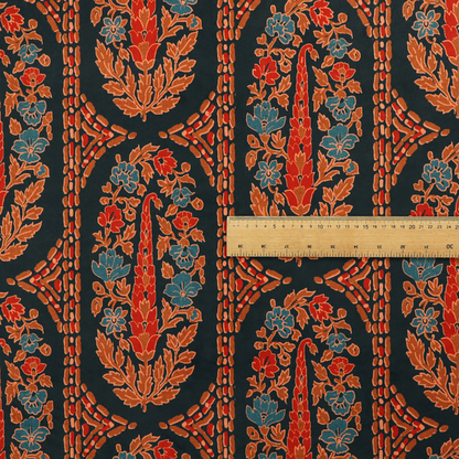 Ornate botanical paisley pattern with large vertical oval medallions filled with red floral motifs, orange leaves, and blue flowers, separated by decorative dashed stripes.