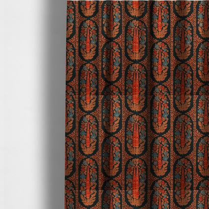 The fabric used to create these made-to-measure curtains is an ornate botanical paisley pattern with large vertical oval medallions filled with red floral motifs, orange leaves, and blue flowers, separated by decorative dashed stripes.