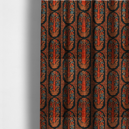 The fabric used to create these made-to-measure curtains is an ornate botanical paisley pattern with large vertical oval medallions filled with red floral motifs, orange leaves, and blue flowers, separated by decorative dashed stripes.