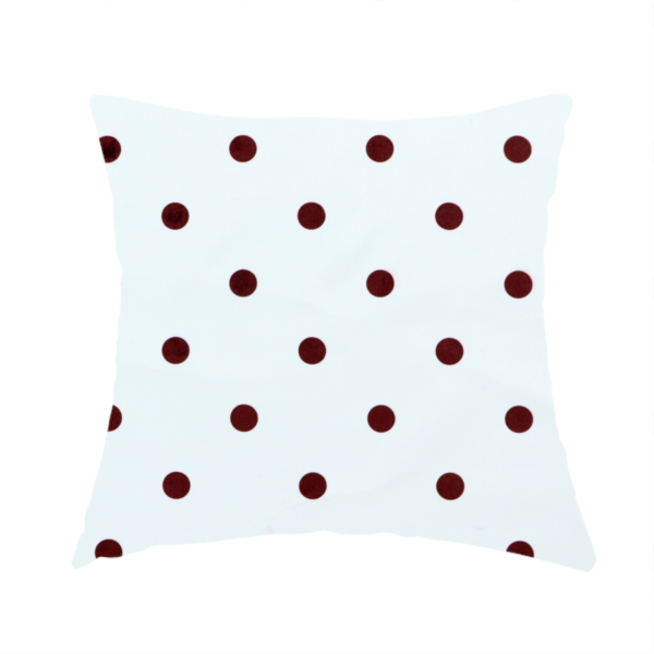 The fabric used to create this handmade cushion is a white and brown fabric featuring a classic polka dot pattern with evenly spaced dark dots set against a clean white background.   
PNG