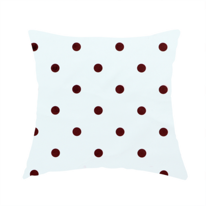 The fabric used to create this handmade cushion is a white and brown fabric featuring a classic polka dot pattern with evenly spaced dark dots set against a clean white background.   
PNG