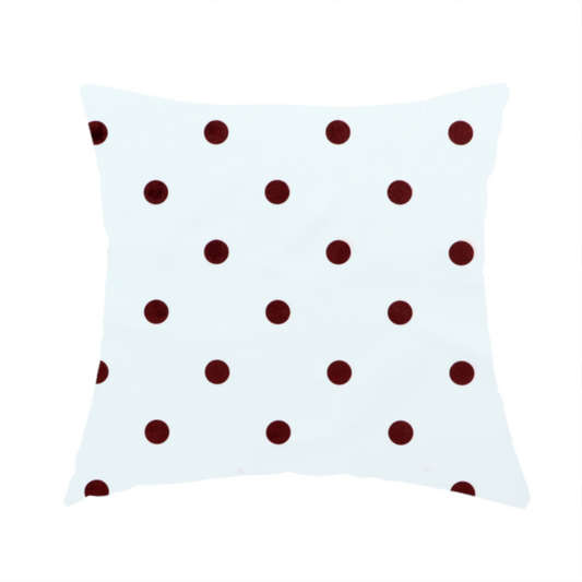 The fabric used to create this handmade cushion is a white and brown fabric featuring a classic polka dot pattern with evenly spaced dark dots set against a clean white background.   
PNG