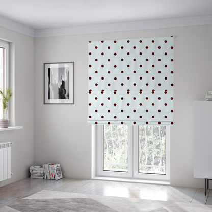 The fabric used to create these Roman blinds is a white and brown fabric featuring a classic polka dot pattern with evenly spaced dark dots set against a clean white background.   
PNG