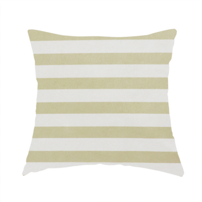 The fabric used to create this handmade cushion is a horizontal beige and white striped fabric pattern.