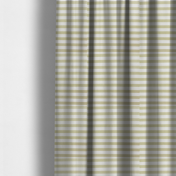 The fabric used to create these made-to-measure curtains is a horizontal beige and white striped fabric pattern.
