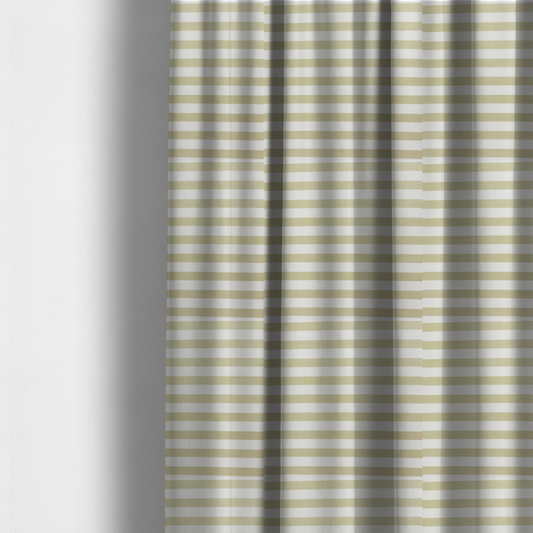 The fabric used to create these made-to-measure curtains is a horizontal beige and white striped fabric pattern.