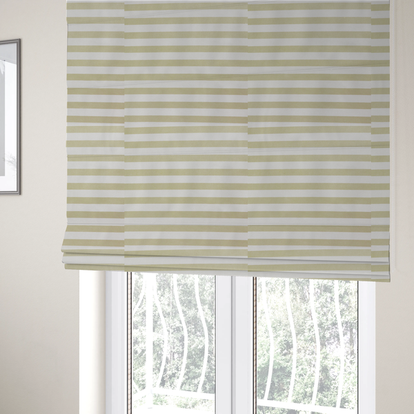The fabric used to create these Roman blinds is a horizontal beige and white striped fabric pattern.