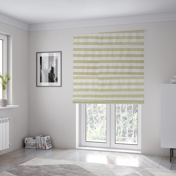 The fabric used to create these Roman blinds is a horizontal beige and white striped fabric pattern.