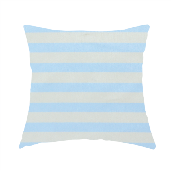 The fabric used to create this handmade cushion is a horizontal light blue and white striped fabric pattern.