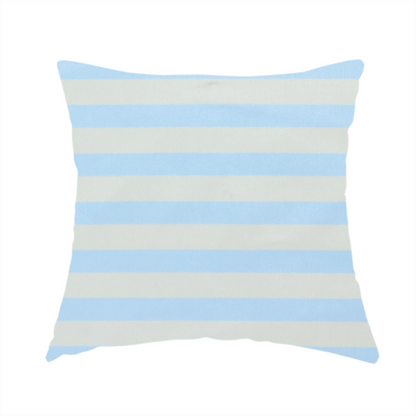 The fabric used to create this handmade cushion is a horizontal light blue and white striped fabric pattern.