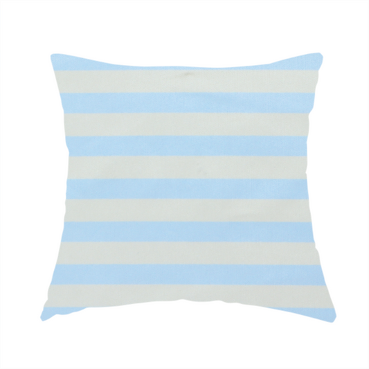 The fabric used to create this handmade cushion is a horizontal light blue and white striped fabric pattern.