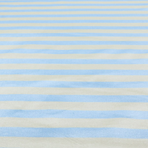 Horizontal light blue and white striped fabric pattern.