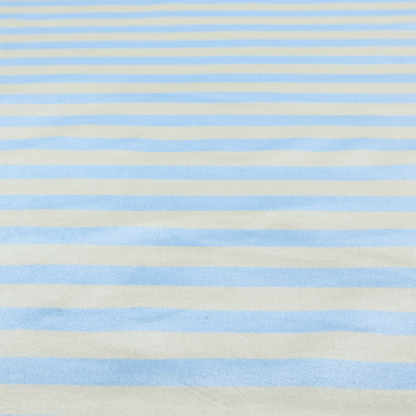 Horizontal light blue and white striped fabric pattern.