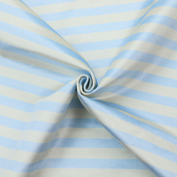 Horizontal light blue and white striped fabric pattern.