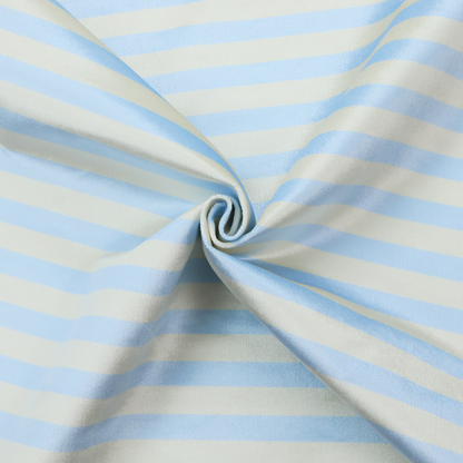 Horizontal light blue and white striped fabric pattern.