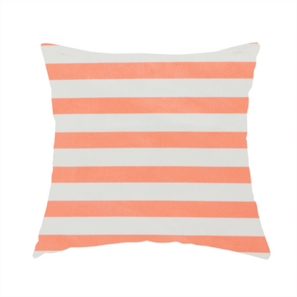 The fabric used to create this handmade cushion is a horizontal coral and white striped fabric pattern.
