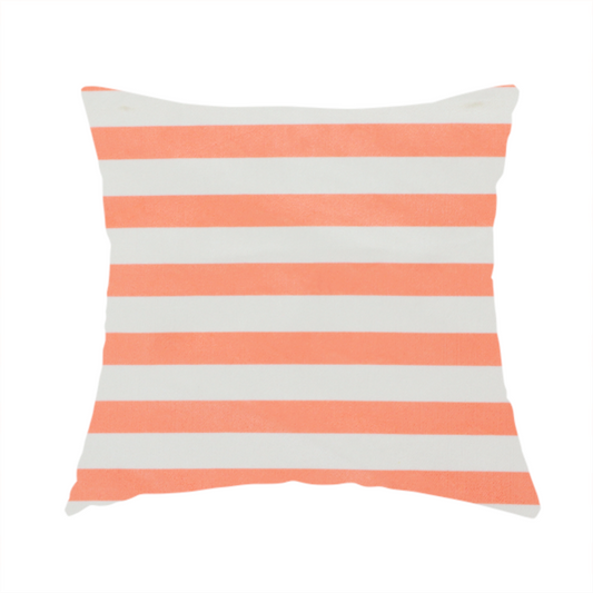 The fabric used to create this handmade cushion is a horizontal coral and white striped fabric pattern.